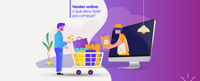 Ilustração de homem com carrinho de compras recebendo produto de uma pessoa de dentro do computador, ilustrando o conceito de como vender online.