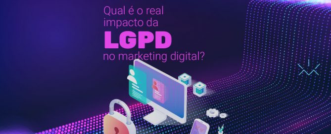 Imagem com fundo roxo, em primeiro plane desenhos de computador cadeados, celular, ilustrando o conceito de LGPD no marketing digital. Lei Geral de Proteção de Dados