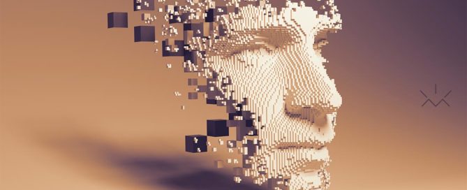 Rosto sendo formado em pixels 3D, representando o conceito de Programação Neurolinguística em estratégias de marketing.