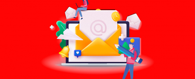Ilustração de um notebook com envelope de email, relacionando o tema E-mail corporativo: como a hospedagem de domínio ajuda na estratégia?