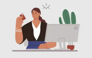 Ilustração de uma mulher em uma mesa de escritório com um computador segurando um cartão de visitas.