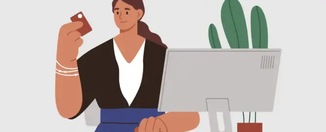 Ilustração de uma mulher em uma mesa de escritório com um computador segurando um cartão de visitas.