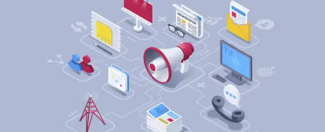 Ilustração isométrica 3d com várias ferramentas de comunicação ilustrando o artigo Vale a pena investir no marketing offline