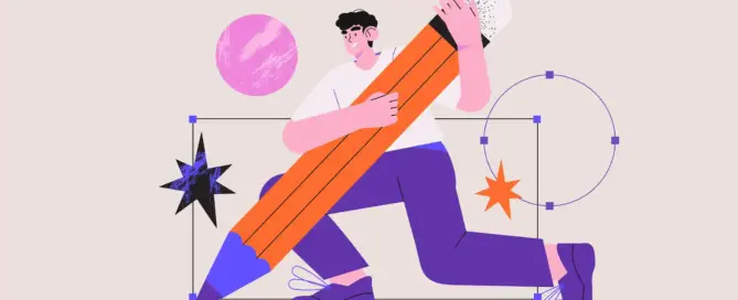 Ilustração de um homem com um lápis em mãos tendo um processo criativo.