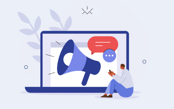 Imagem de um megafone no centro e balões de fala para indicar pesquisa sobre tom de voz da marca, com uma pessoa sentada olhando o celular.