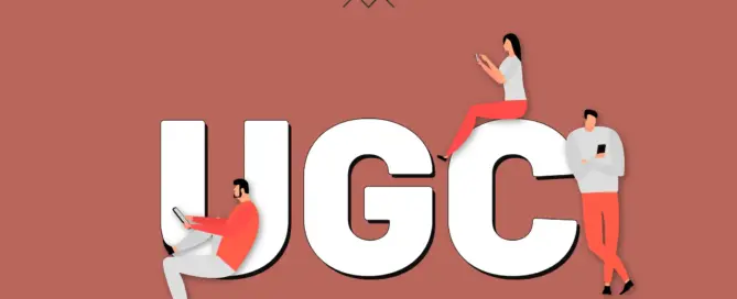 Na imagem vemos as letras UGC que é a sigla para conteúdo gerado pelo usuário e vemos também a figura de uma pessoa sentada na curva da letra U, outra sentada em cima da letra C e uma terceira encostada também na letra C.