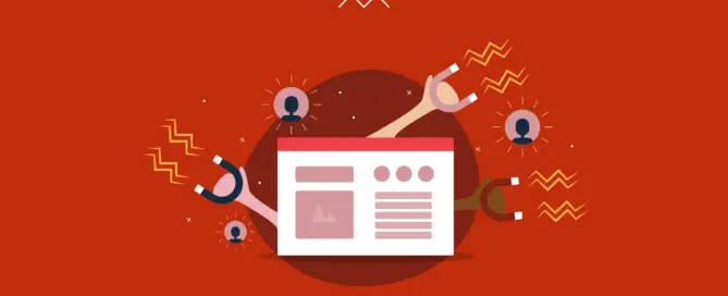 Ilustração de uma página da web com ícones de magnetismo atraindo perfis de usuários, representando estratégias de data science em fundo vermelho.
