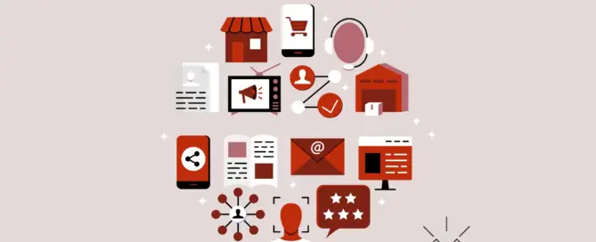 Ilustração com ícones representando o conceito de omnichannel, incluindo loja física, carrinho de compras digital, atendimento ao cliente, armazém, redes sociais, e-mail, televisão com anúncios, avaliações com estrelas e conexões entre pessoas, simbolizando a integração de canais online e offline.