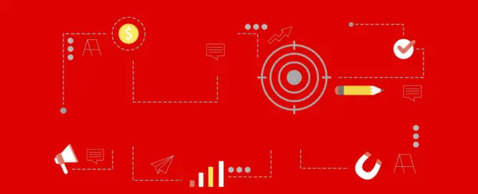 Imagem com fundo vermelho e ícones interligados como o lápis, o cifrão, o megafone e o ímã que representam aspectos e resultados do marketing de guerrilha.