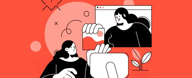 A imagem mostra uma mulher usando um computador enquanto interage com outra pessoa em uma janela virtual, simbolizando a colaboração remota na criação de conteúdo e o conceito de terceirização de conteúdo. Fundo laranja vibrante com formas abstratas e um pequeno vaso decorativo reforçam a ideia de dinamismo e criatividade no trabalho digital.