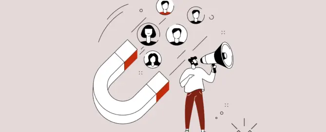 Ilustração de um homem com megafone próximo a um grande ímã atraindo perfis de pessoas, simbolizando estratégias de marketing para aumentar o brand awareness. Fundo minimalista com cores neutras e detalhes em vermelho destacando os elementos principais.