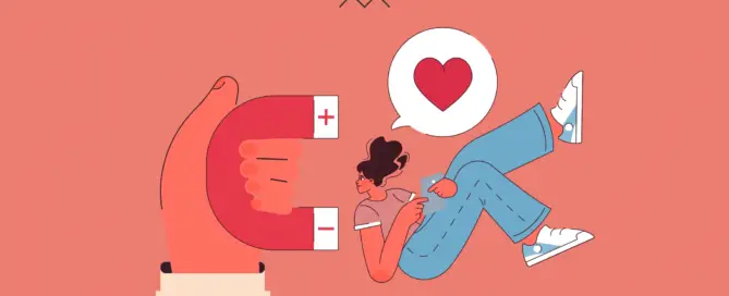 Ilustração de um grande ímã em forma de mão atraindo uma pessoa que segura um smartphone, com um balão de diálogo contendo um coração, simbolizando a construção de rapport em interações digitais.