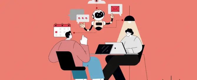 Ilustração conceitual de maturidade digital, retratando duas pessoas em uma reunião estratégica com laptops, enquanto um robô interativo conecta informações digitais, como e-mails, segurança na nuvem e calendário.