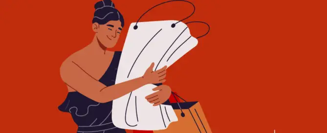 Ilustração minimalista de uma mulher sorridente, vestindo um elegante vestido preto, abraçando etiquetas de preço gigantes enquanto segura sacolas de compras. A imagem simboliza o impacto emocional do consumo e como as marcas utilizam o Marketing de nostalgia para criar conexões afetivas com os consumidores.