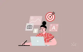 Ilustração de mulher criando identidade visual no computador, representando a influência da identidade visual na decisão de compra.