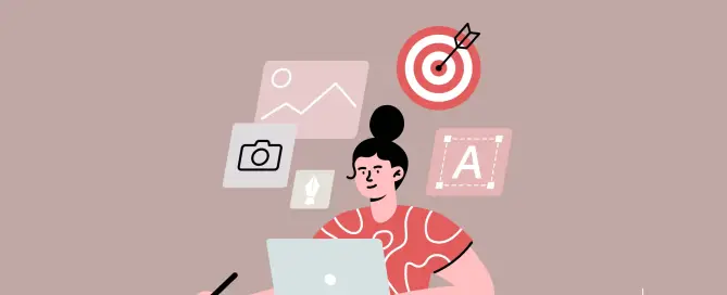 Ilustração de mulher criando identidade visual no computador, representando a influência da identidade visual na decisão de compra.