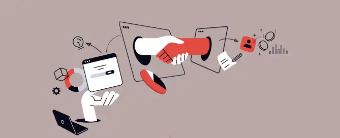 Representação visual da transformação digital para pequenas empresas, mostrando conexão online, parceria virtual e elementos gráficos de inovação e crescimento.