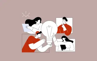 Ilustração minimalista de quatro pessoas colaborando ao redor de uma grande lâmpada, simbolizando ideias criativas e soluções inovadoras em comunicação. Dois personagens vestem roupas vermelhas e os outros dois, brancas, todos em diferentes poses de interação, representando trabalho em equipe, estratégia personalizada e troca de conhecimentos. O fundo em tom neutro destaca a cena, sugerindo ambiente profissional, criatividade e foco em resultados para clientes, alinhado à atuação de uma agência de publicidade moderna no Rio Grande do Norte com alcance internacional, ilustrando o artigo sobre marketing in-house.