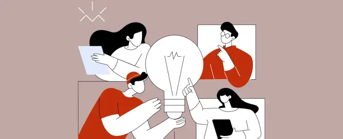 Ilustração minimalista de quatro pessoas colaborando ao redor de uma grande lâmpada, simbolizando ideias criativas e soluções inovadoras em comunicação. Dois personagens vestem roupas vermelhas e os outros dois, brancas, todos em diferentes poses de interação, representando trabalho em equipe, estratégia personalizada e troca de conhecimentos. O fundo em tom neutro destaca a cena, sugerindo ambiente profissional, criatividade e foco em resultados para clientes, alinhado à atuação de uma agência de publicidade moderna no Rio Grande do Norte com alcance internacional, ilustrando o artigo sobre marketing in-house.