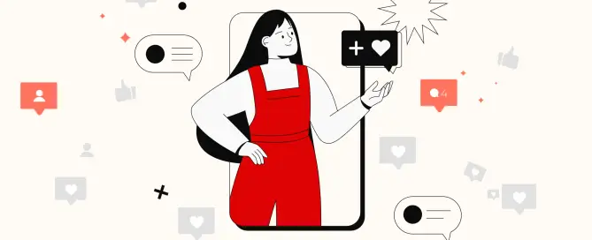 Ilustração de uma mulher interagindo com ícones de redes sociais, representando engajamento e estratégias para transformar seguidores em clientes usando soluções em comunicação.