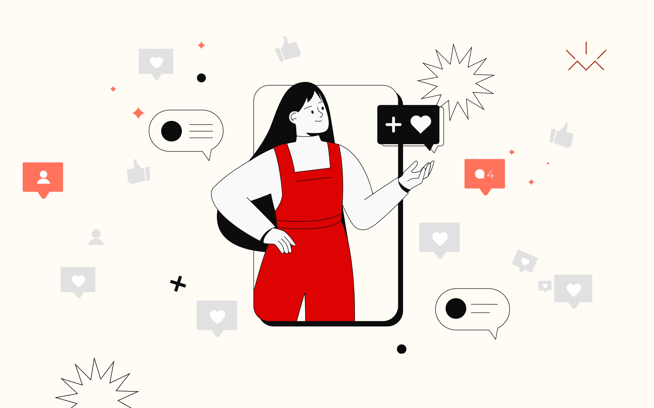 Ilustração de uma mulher interagindo com ícones de redes sociais, representando engajamento e estratégias para transformar seguidores em clientes usando soluções em comunicação.