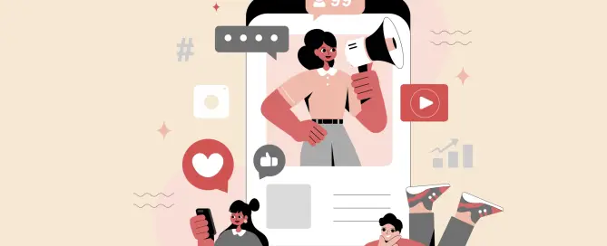 Ilustração com fundo pêssego mostrando pessoas utilizando celulares e um feed de rede social ampliado com um ícone de megafone, representando comunicação. Ícones de engajamento como curtida e comentários, além de gráficos, ilustram a importância das métricas e do algoritmo do Instagram no alcance digital.