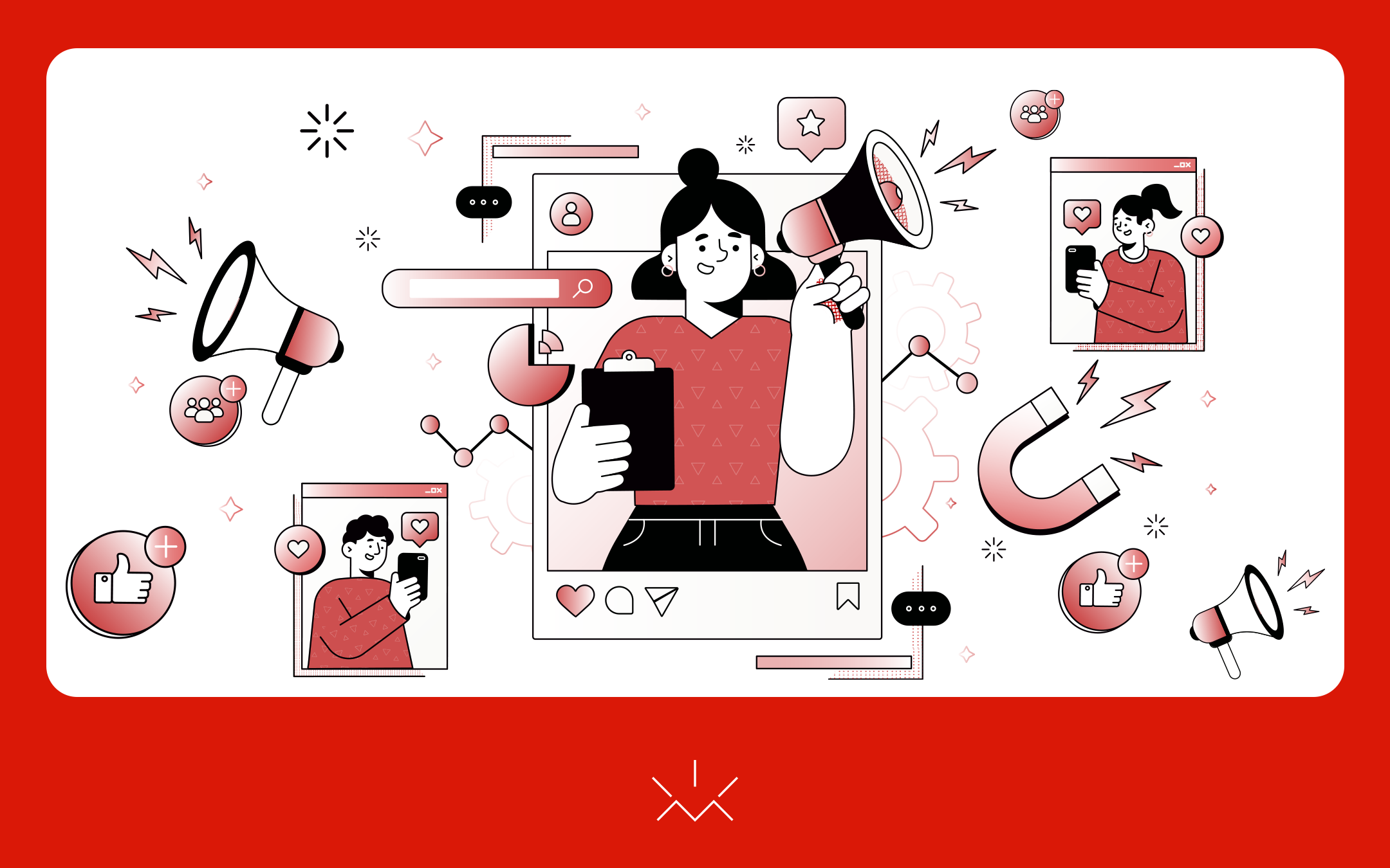 Ilustração estilizada sobre tendências de marketing digital, mostrando uma mulher segurando um megafone e um bloco de notas ao centro, cercada por elementos visuais que representam engajamento nas redes sociais, como ícones de curtidas, comentários, seguidores, magnetismo de atração de leads, gráficos de crescimento e notificações.