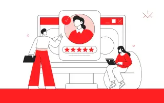 Ilustração minimalista mostrando duas pessoas interagindo com uma tela de computador que exibe o perfil de um usuário com cinco estrelas, simbolizando autoridade e reputação online. Uma pessoa aponta para a avaliação enquanto a outra utiliza um notebook, representando a importância do reconhecimento digital e da credibilidade para empresas e profissionais.