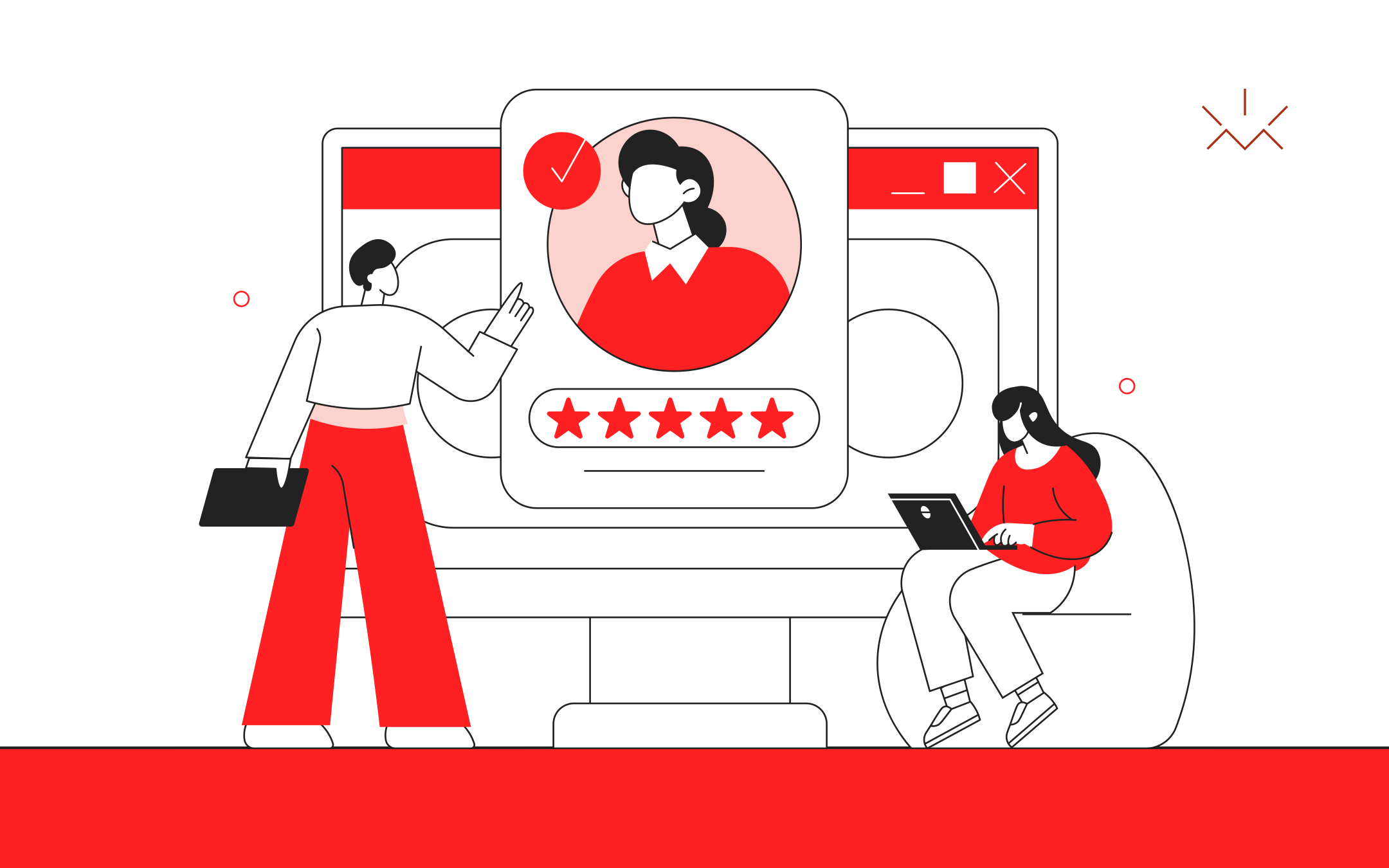 Ilustração minimalista mostrando duas pessoas interagindo com uma tela de computador que exibe o perfil de um usuário com cinco estrelas, simbolizando autoridade e reputação online. Uma pessoa aponta para a avaliação enquanto a outra utiliza um notebook, representando a importância do reconhecimento digital e da credibilidade para empresas e profissionais.