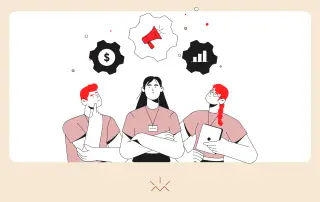 Ilustração minimalista de três profissionais reunidos, simbolizando colaboração estratégica em marketing B2B. Elementos gráficos como megafone, cifrão e gráfico de barras representam soluções em comunicação, estratégia personalizada e foco em resultados para clientes. O cenário reforça criatividade, análise digital e comprometimento da equipe com estratégias eficazes.