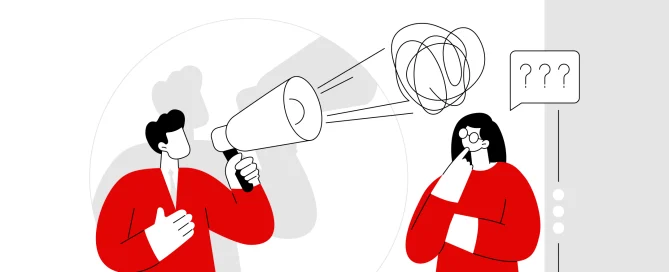 Ilustração minimalista em tons de vermelho, preto e branco mostrando duas pessoas. À esquerda, uma figura masculina segura um megafone e comunica, mas do aparelho saem linhas confusas, representando uma mensagem embaralhada. À direita, uma figura feminina aparenta confusão, com expressão pensativa e um balão de pensamento com pontos de interrogação ao lado. A imagem transmite a ideia de ruído na comunicação e dificuldade de compreensão, reforçando o tema do artigo sobre os desafios e falhas no marketing digital.