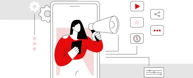 Ilustração de uma mulher segurando um megafone e um tablet, posicionada parcialmente dentro de um smartphone gigante. Ao redor do celular, ícones digitais representam recursos do Instagram, como vídeo, compartilhamento, hashtags e monetização. A cena transmite a ideia de comunicação estratégica e uso de mídias digitais para potencializar negócios B2B, destacando a importância de uma abordagem criativa e personalizada nas redes sociais.