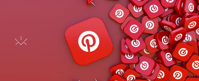 Ilustração em fundo vermelho com vários ícones do Pinterest espalhados, incluindo um logotipo em destaque ao centro e tachinhas vermelhas ao redor, representando estratégias de marketing no Pinterest e organização de conteúdos na plataforma.