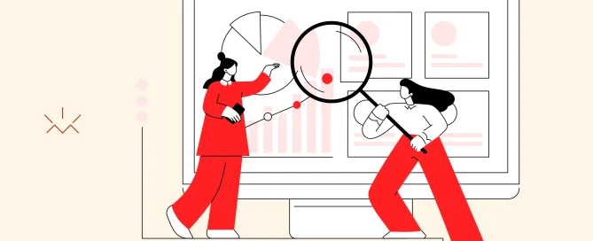 Ilustração de duas pessoas analisando dados e gráficos em frente a uma tela de computador, representando a avaliação de desempenho e a otimização estratégica de campanhas no Google Ads e Meta Ads, com foco em soluções personalizadas em comunicação digital para geração de resultados aos clientes.