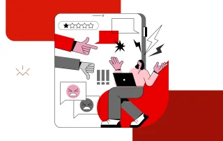 Ilustração minimalista representa os “erros que afastam clientes”: uma pessoa sentada com notebook aparenta frustração enquanto está rodeada por ícones negativos em uma tela digital, como avaliações de uma estrela, reações de raiva, polegar para baixo e balões de fala com críticas. Mãos apontam de forma acusatória, símbolos de alerta e tons vermelhos sugerem clima de tensão, destacando visualmente as consequências de erros que afastam clientes e os levam para a concorrência.