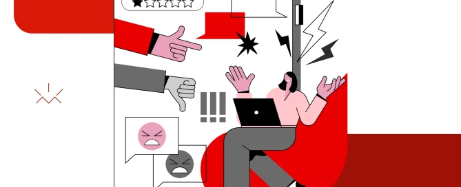 Ilustração minimalista representa os “erros que afastam clientes”: uma pessoa sentada com notebook aparenta frustração enquanto está rodeada por ícones negativos em uma tela digital, como avaliações de uma estrela, reações de raiva, polegar para baixo e balões de fala com críticas. Mãos apontam de forma acusatória, símbolos de alerta e tons vermelhos sugerem clima de tensão, destacando visualmente as consequências de erros que afastam clientes e os levam para a concorrência.