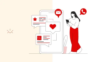 Ilustração minimalista de uma mulher usando o celular enquanto várias mensagens aparecem na tela do smartphone, incluindo ícones de coração, avaliação e ligação, representando atendimento e relacionamento com clientes. A imagem ilustra estratégias de como vender no WhatsApp, mostrando o aplicativo como canal de comunicação, ofertas e interação com consumidores.