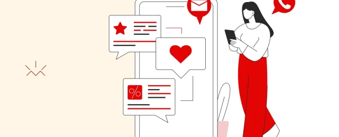 Ilustração minimalista de uma mulher usando o celular enquanto várias mensagens aparecem na tela do smartphone, incluindo ícones de coração, avaliação e ligação, representando atendimento e relacionamento com clientes. A imagem ilustra estratégias de como vender no WhatsApp, mostrando o aplicativo como canal de comunicação, ofertas e interação com consumidores.