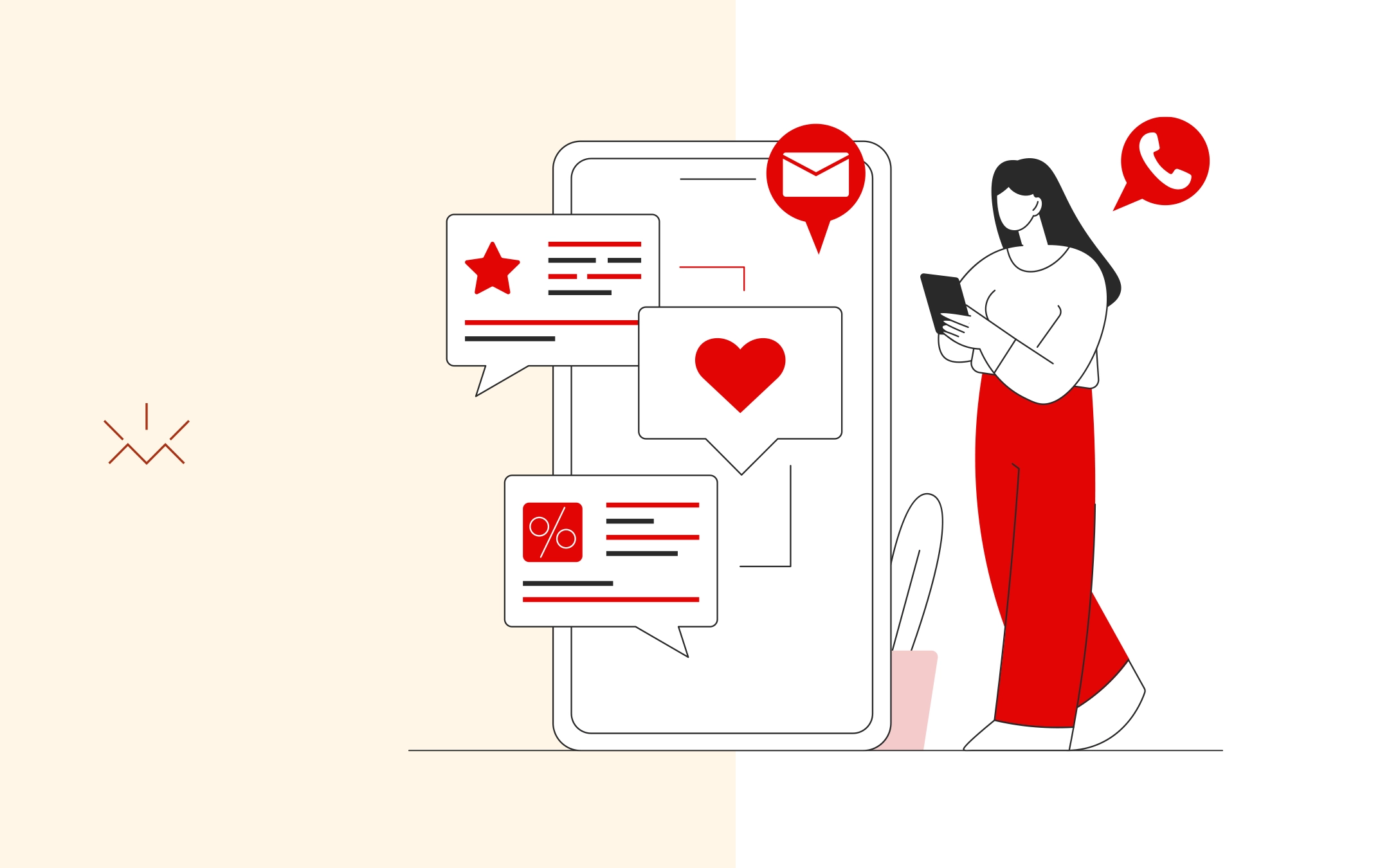 Ilustração minimalista de uma mulher usando o celular enquanto várias mensagens aparecem na tela do smartphone, incluindo ícones de coração, avaliação e ligação, representando atendimento e relacionamento com clientes. A imagem ilustra estratégias de como vender no WhatsApp, mostrando o aplicativo como canal de comunicação, ofertas e interação com consumidores.