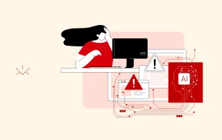 Ilustração vetorial em tons de vermelho, preto e bege mostra uma mulher frustrada diante do computador, com a mão na cabeça. Ao lado, janelas de navegadores exibem sinais de alerta vermelhos conectados a um circuito digital e a um ícone de cérebro artificial com a sigla AI, simbolizando o impacto do AI slop no conteúdo digital.