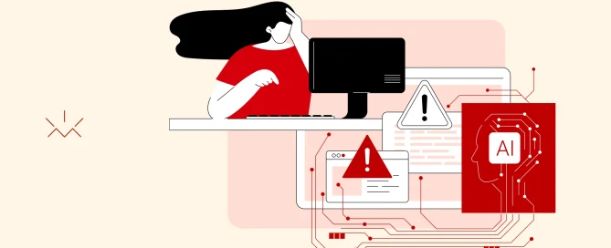 Ilustração vetorial em tons de vermelho, preto e bege mostra uma mulher frustrada diante do computador, com a mão na cabeça. Ao lado, janelas de navegadores exibem sinais de alerta vermelhos conectados a um circuito digital e a um ícone de cérebro artificial com a sigla AI, simbolizando o impacto do AI slop no conteúdo digital.