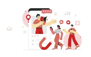 Ilustração de pessoas interagindo com um grande smartphone, representando o conceito de feed vitrine. No centro, um personagem com megafone aparece destacado na tela do celular, atraindo a atenção de outros dois personagens ao redor, que estão conectados e engajados com seus próprios dispositivos.