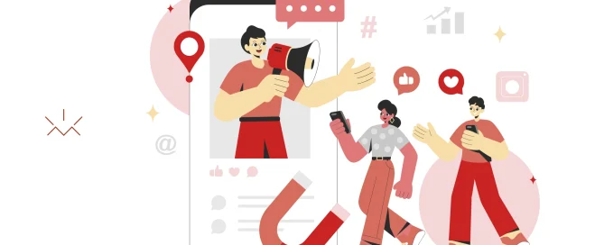 Ilustração de pessoas interagindo com um grande smartphone, representando o conceito de feed vitrine. No centro, um personagem com megafone aparece destacado na tela do celular, atraindo a atenção de outros dois personagens ao redor, que estão conectados e engajados com seus próprios dispositivos.
