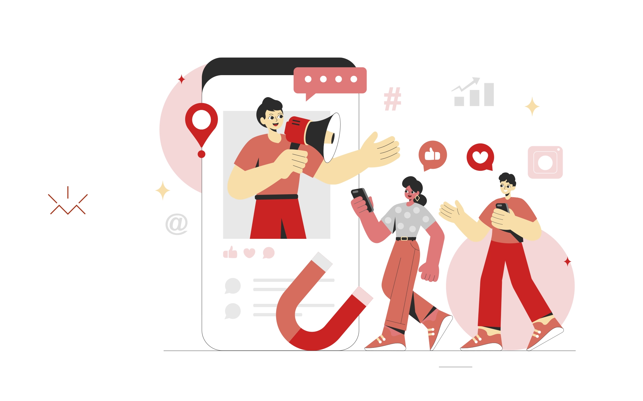Ilustração de pessoas interagindo com um grande smartphone, representando o conceito de feed vitrine. No centro, um personagem com megafone aparece destacado na tela do celular, atraindo a atenção de outros dois personagens ao redor, que estão conectados e engajados com seus próprios dispositivos.