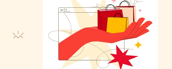 Uma ilustração gráfica de uma grande mão vermelha estendida para a frente, que surge de dentro de uma janela de navegador de computador estilizada. A mão segura várias sacolas de compras de alta qualidade e com cores premium (vermelho profundo, creme e amarelo dourado). Ao fundo, há estrelas e brilhos radiantes. A imagem representa o conceito de entregar produtos premium e a facilidade de compra online, servindo como uma metáfora visual para as estratégias de venda de produtos de alto valor (high-ticket) e a atração de clientes premium por meio de canais digitais. O estilo é moderno e limpo, com linhas suaves e cores vibrantes.