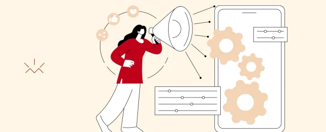 Ilustração em estilo vetorial mostrando uma mulher usando um megafone apontado para um smartphone. O sinal do megafone se conecta a engrenagens e painéis de controle, enquanto ao redor da mulher flutuam ícones de redes sociais como curtir e compartilhar, ilustrando o funcionamento de ferramentas de marketing digital.