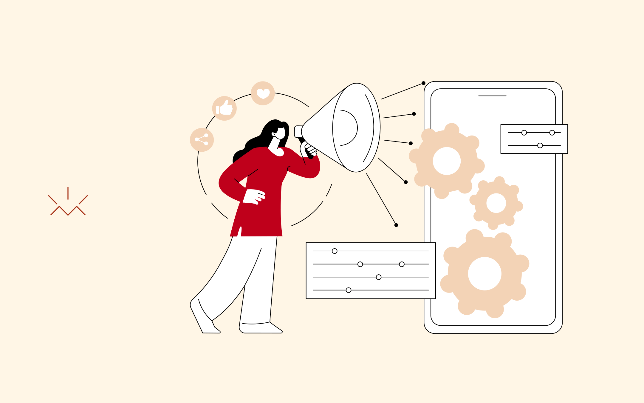 Ilustração em estilo vetorial mostrando uma mulher usando um megafone apontado para um smartphone. O sinal do megafone se conecta a engrenagens e painéis de controle, enquanto ao redor da mulher flutuam ícones de redes sociais como curtir e compartilhar, ilustrando o funcionamento de ferramentas de marketing digital.