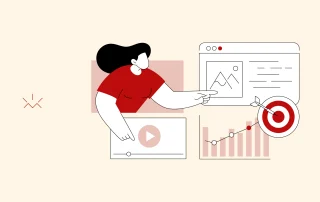 Ilustração mostrando o gerenciamento de uma campanha de marketing, com elementos de conteúdo visual, reprodutor de vídeo, gráfico ascendente e um alvo acertado.