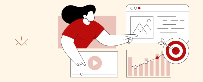 Ilustração mostrando o gerenciamento de uma campanha de marketing, com elementos de conteúdo visual, reprodutor de vídeo, gráfico ascendente e um alvo acertado.