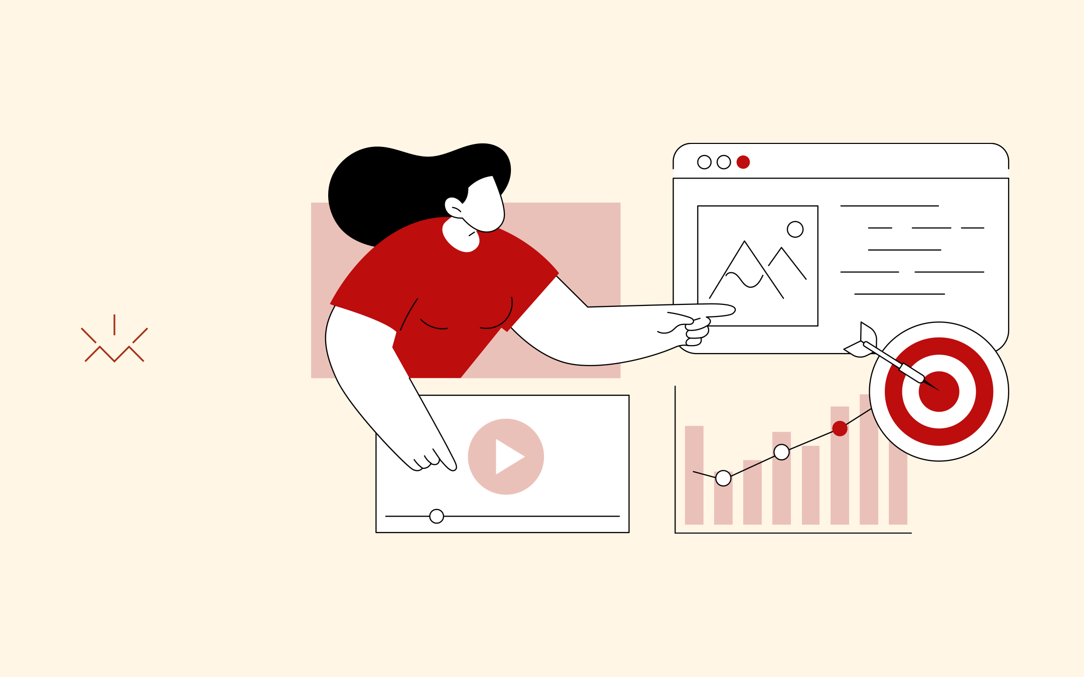 Ilustração mostrando o gerenciamento de uma campanha de marketing, com elementos de conteúdo visual, reprodutor de vídeo, gráfico ascendente e um alvo acertado.